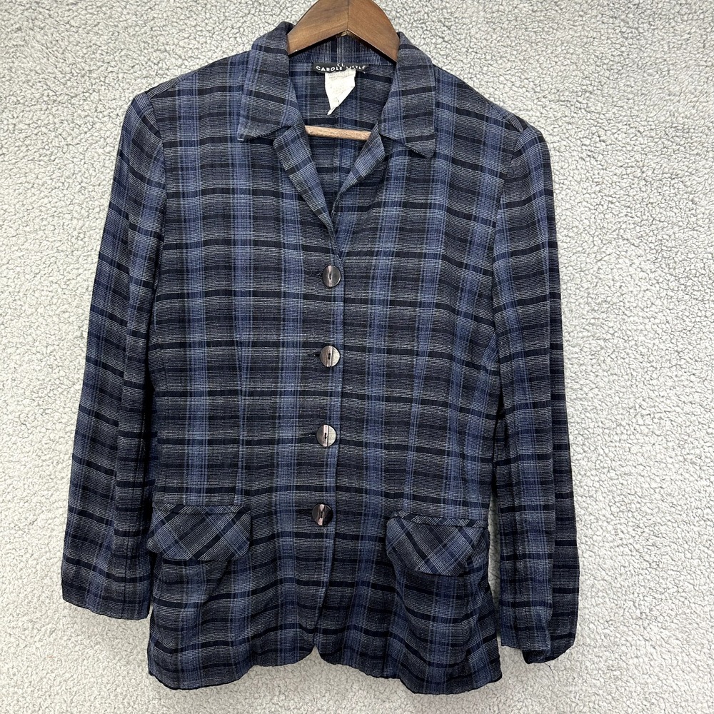 Carole Little Blazer Womens 4 Blue Black Plaid Rayon Vintage 90s Dark Academia